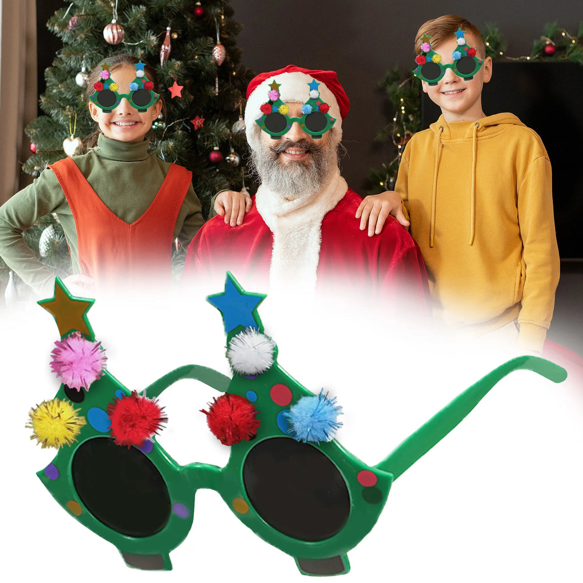 A family models green Christmas tree glasses with multicolored pom-pom decorations.