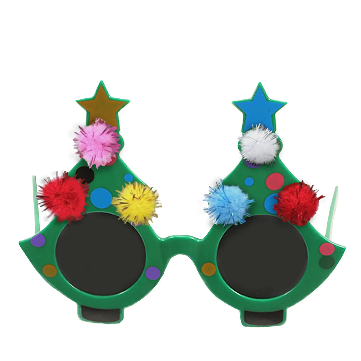 Front view shows green Christmas tree glasses with six colored pom-poms.