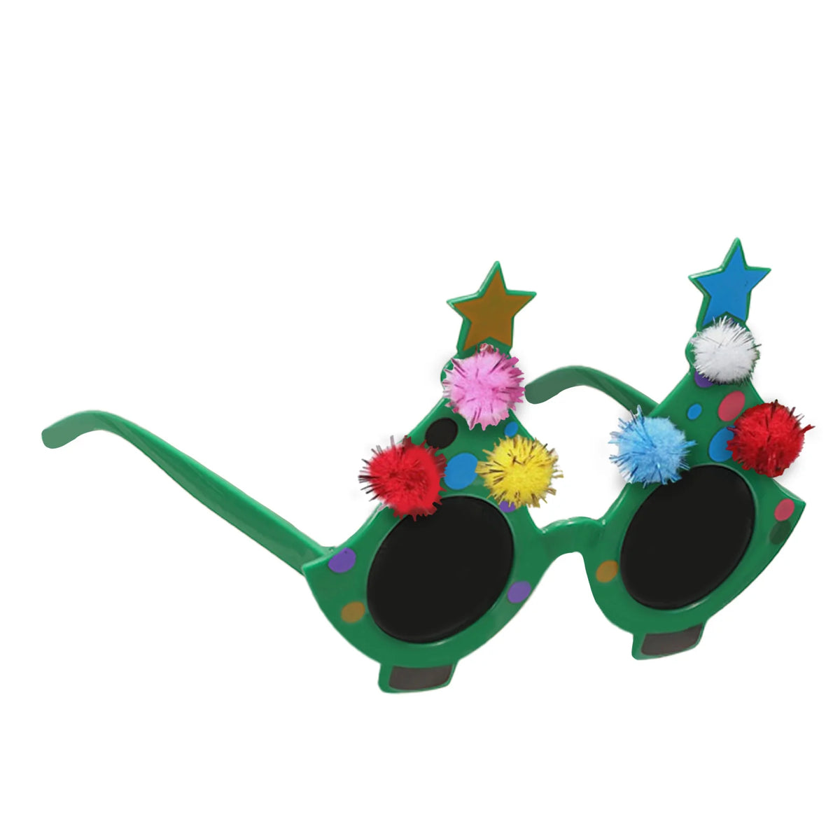 Opposite angled view shows tree-shaped novelty glasses with multicolored pom-poms.