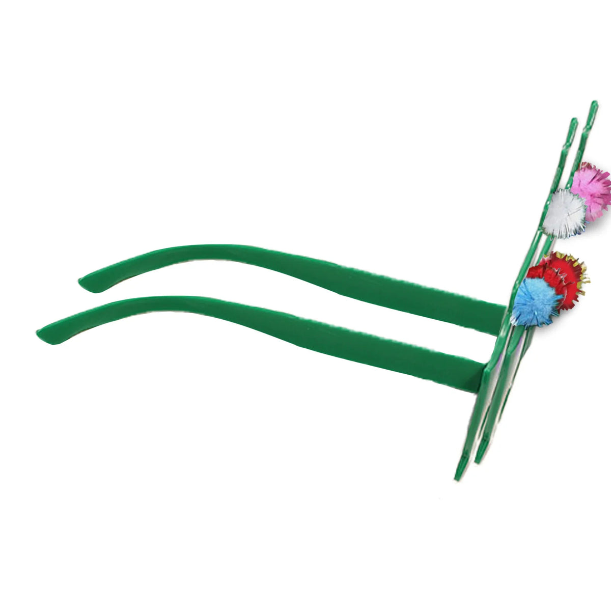 Side view shows green temple arms and pom-poms on tree-shaped glasses.