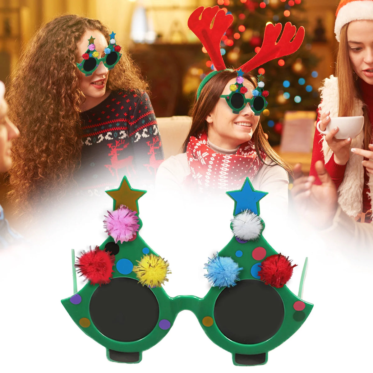Party scene and front view of green Christmas tree glasses with pom-poms.