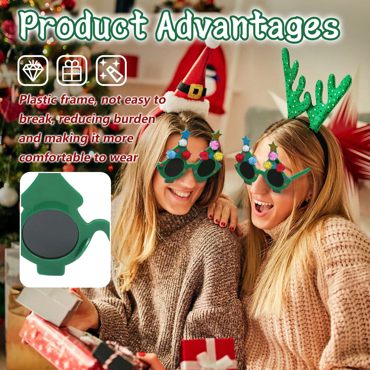 Printed material graphic identifies the plastic frame on pom-pom Christmas tree glasses.