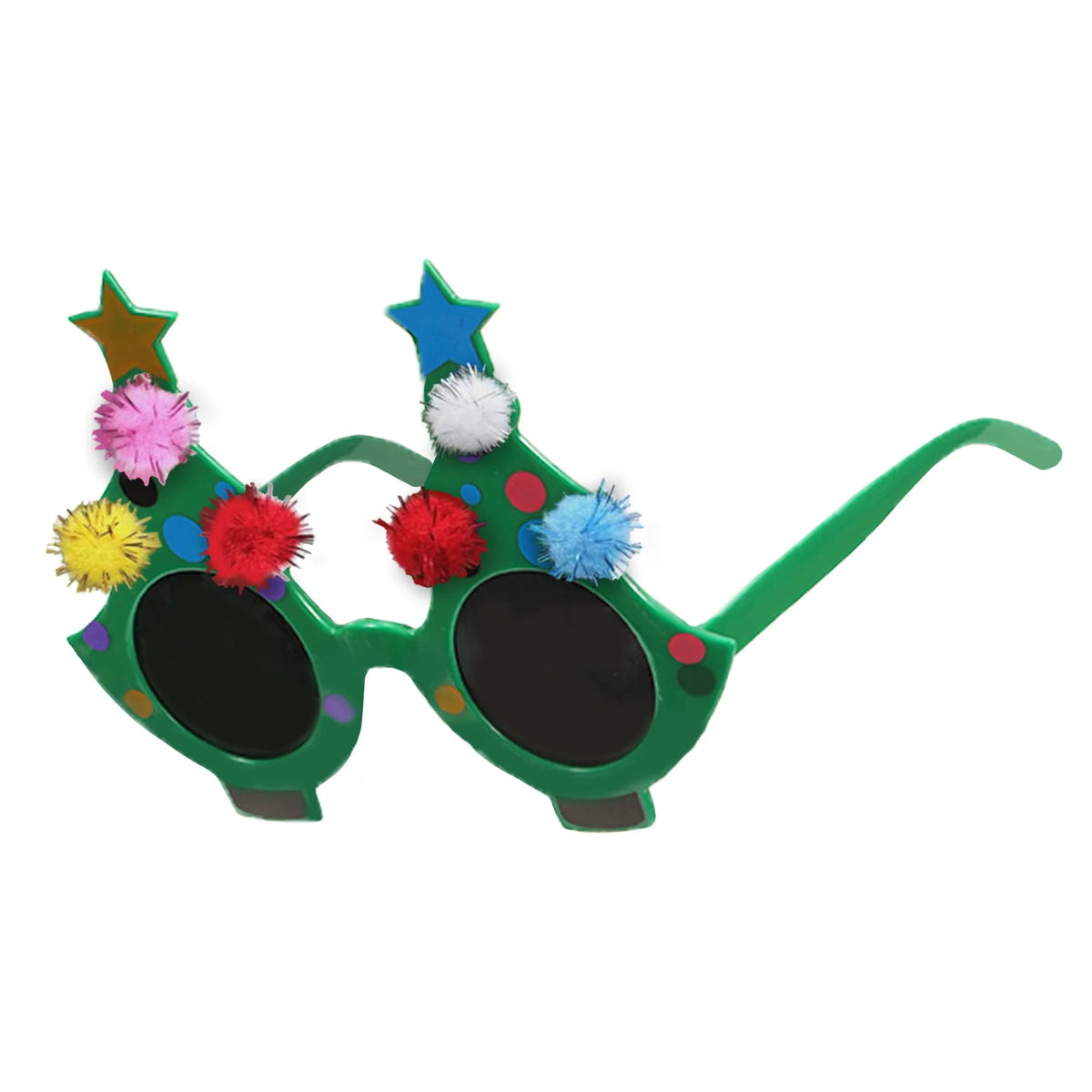 Angled view of green tree glasses with stars, colored dots and pom-poms.