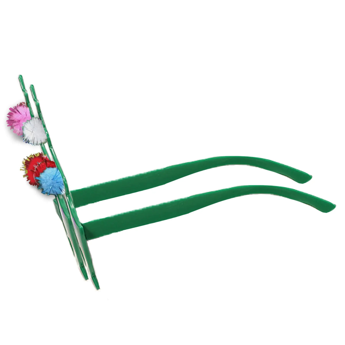Opposite side view shows green temple arms and colored pom-poms.