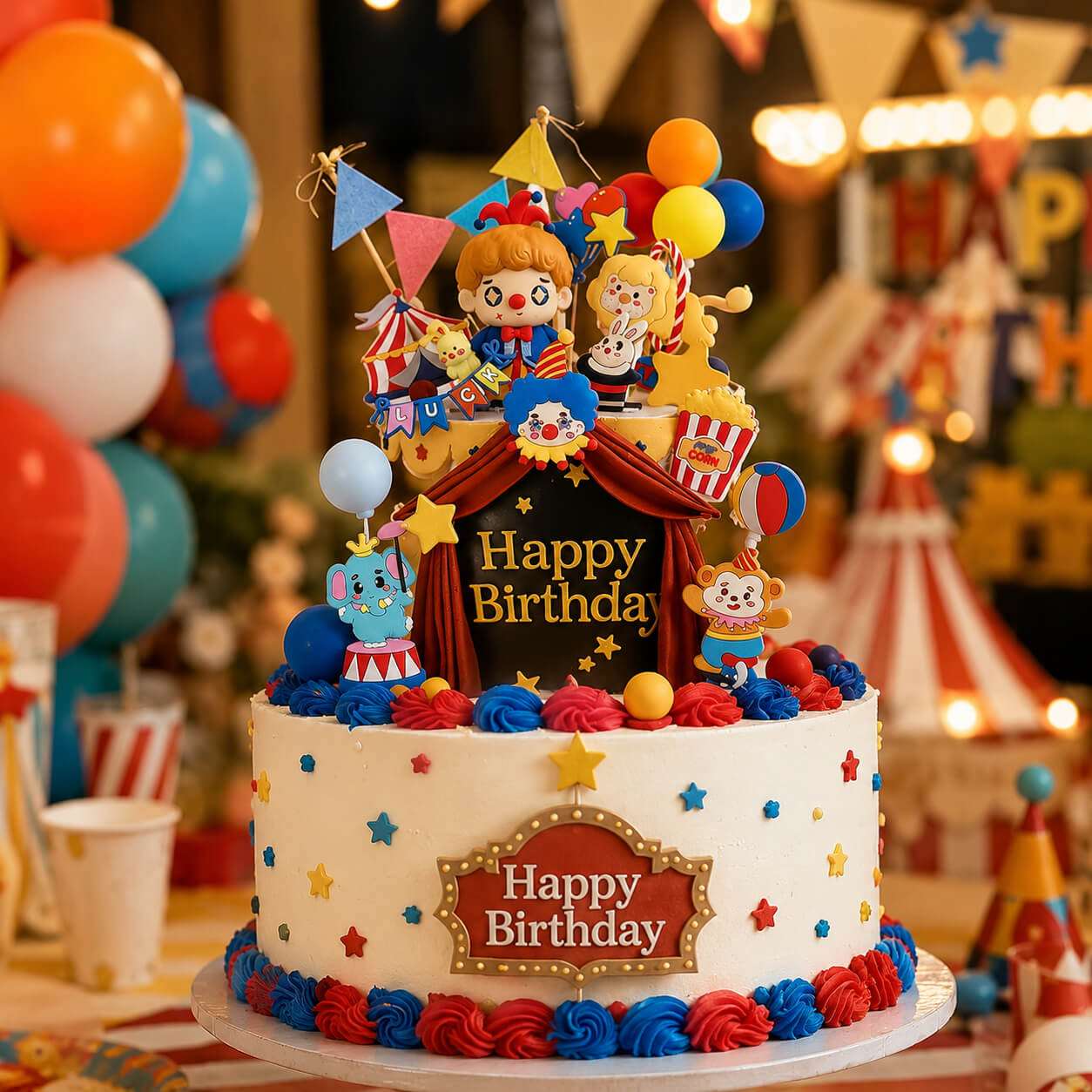 Circus theme happy birthday decoration set with carnival banner, character garland, orange fringe curtains and party backdrop for kids birthday party decor
