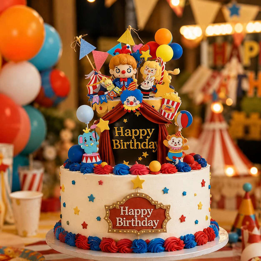 Circus theme happy birthday decoration set with carnival banner, character garland, orange fringe curtains and party backdrop for kids birthday party decor