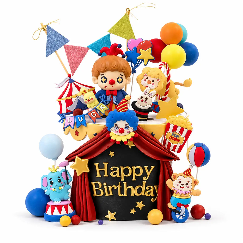 Colorful circus-themed birthday cake topper set featuring a clown, circus tent, balloons, popcorn, a lion, bunny, and elephant figurines with a "Happy Birthday" sign, perfect for kids' birthday celebrations.