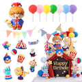 Circus clown birthday cake topper set with balloons, animals, bunting flags, popcorn and carnival decorations