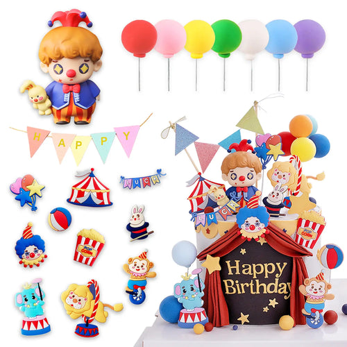 Circus clown birthday cake topper set with balloons, animals, bunting flags, popcorn and carnival decorations
