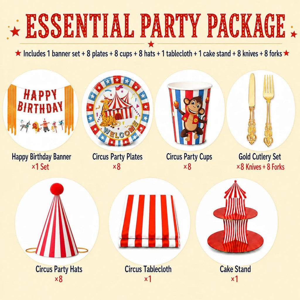 Circus essential party package including birthday banner, plates, cups, hats, tablecloth, cake stand and gold cutlery set