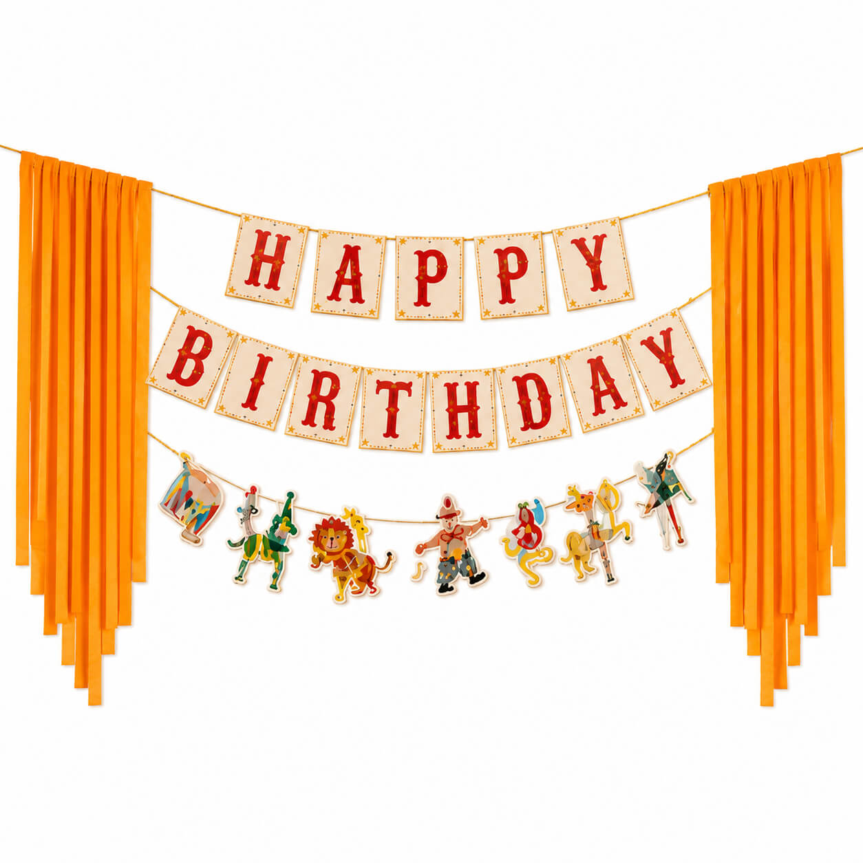 Circus theme happy birthday banner decoration set with orange fringe curtains and carnival character garland for kids birthday party backdrop decor