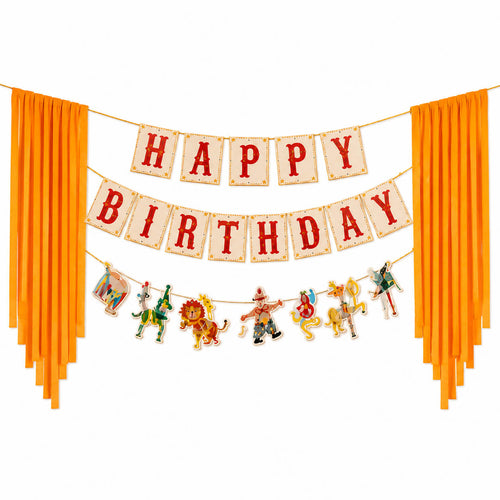 Circus theme happy birthday banner decoration set with orange fringe curtains and carnival character garland for kids birthday party backdrop decor
