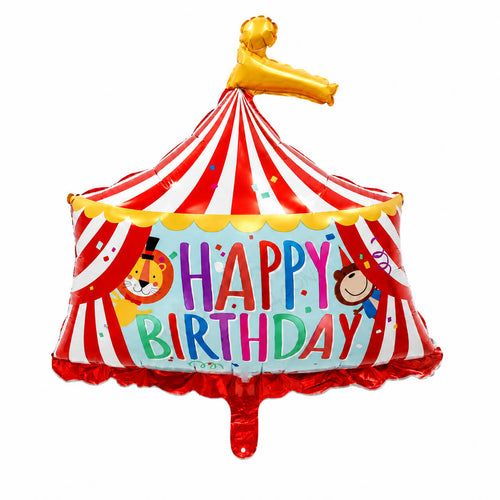 circus themed happy birthday foil balloon with carnival tent design for kids party decoration