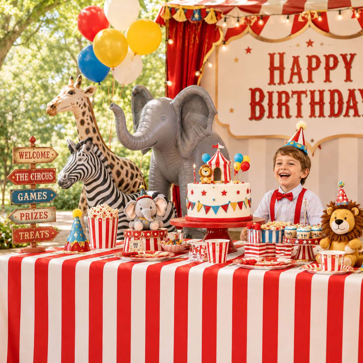 Circus themed kids birthday party scene with inflatable giraffe, elephant and zebra decorations, colorful balloons, festive table setup and bright cheerful outdoor party atmosphere.