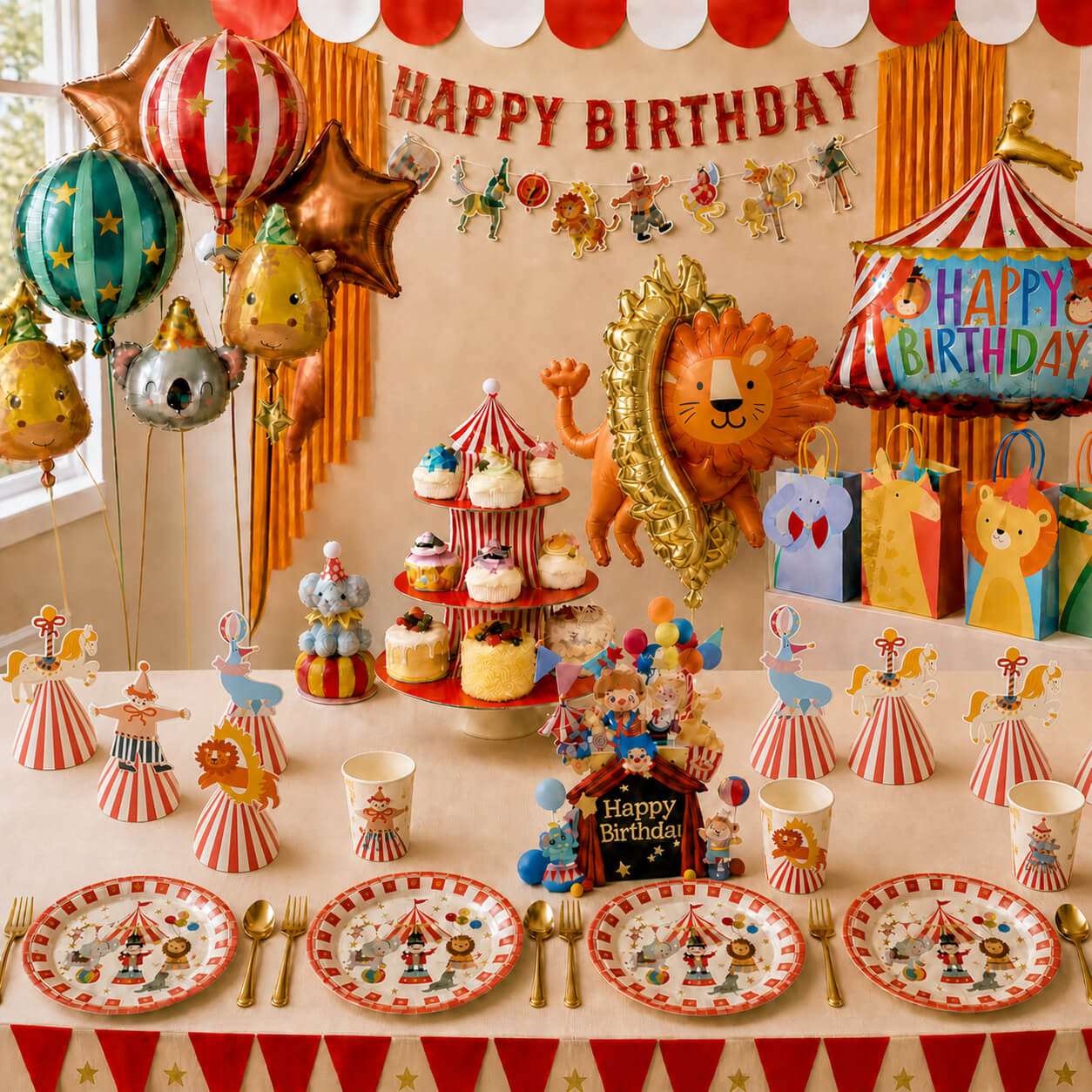 circus themed kids birthday party table setup with decorations balloons and tableware