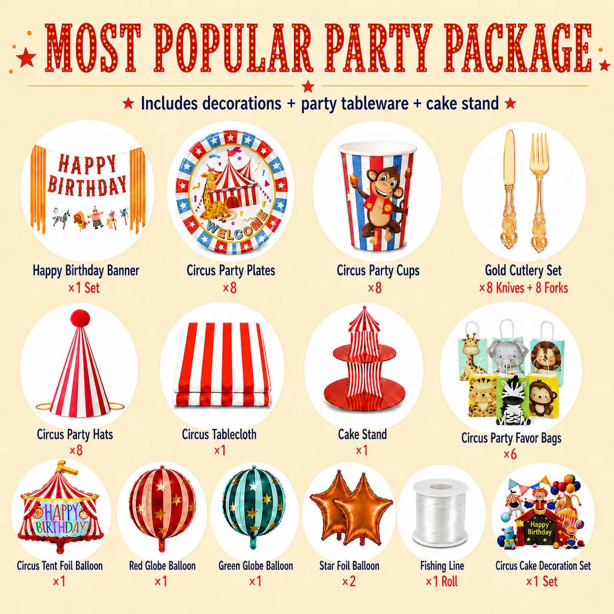 Circus most popular party package with birthday decorations, party tableware, cake stand, favor bags, balloons and cake decoration set