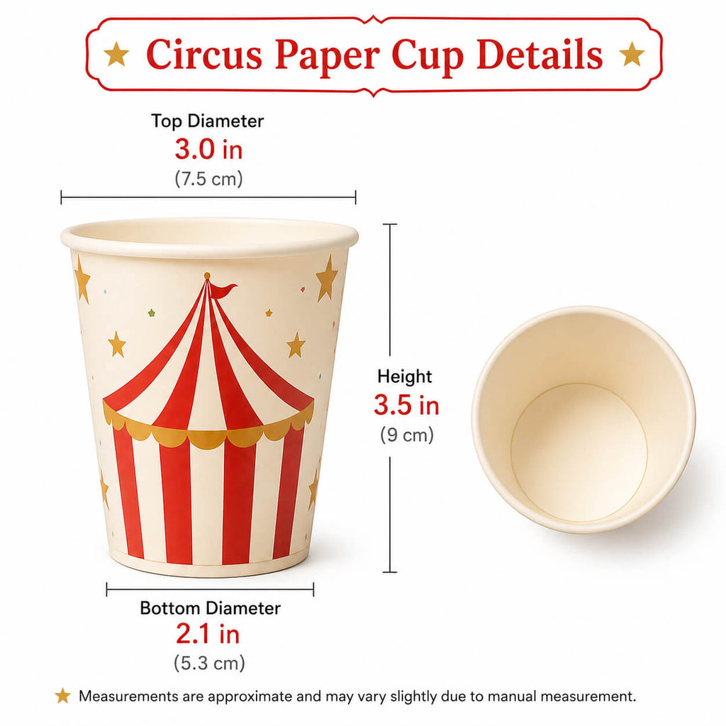 circus party paper cups dimensions, kids birthday tableware, red carnival cup 3 inch diameter 3.5 inch height disposable party supplies