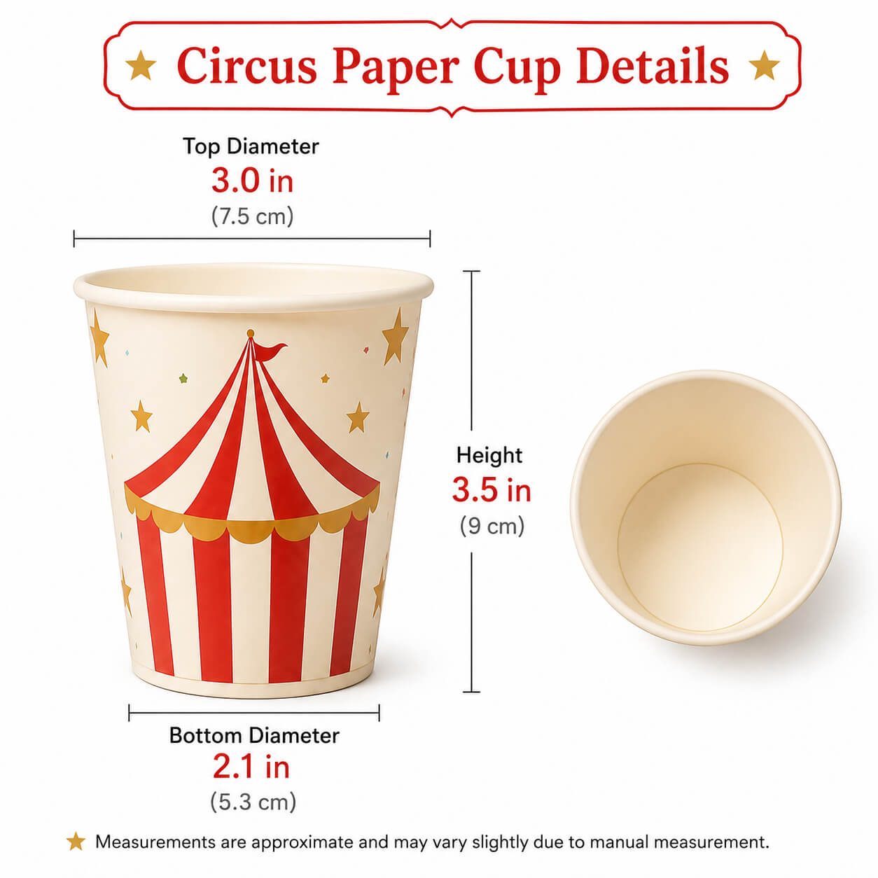 circus party paper cups dimensions, kids birthday tableware, red carnival cup 3 inch diameter 3.5 inch height disposable party supplies