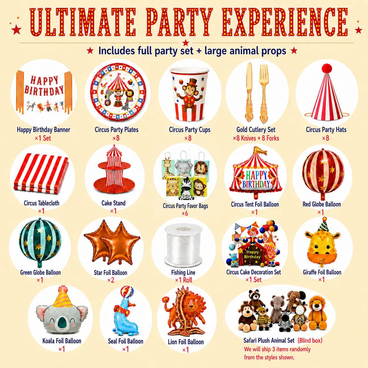 Circus ultimate party experience package with full party tableware set, balloons, cake decorations and large safari animal props