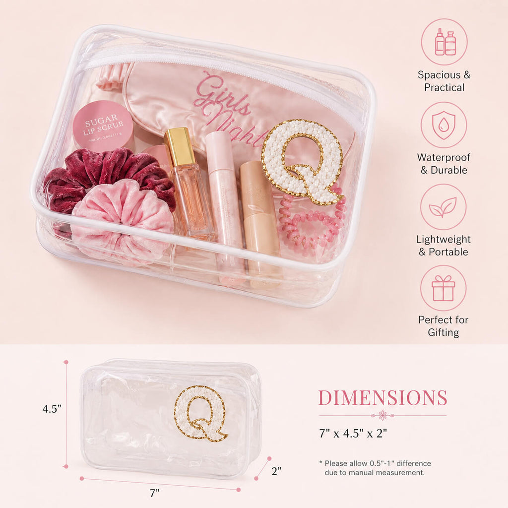 Transparent clear makeup pouch with beauty accessories inside, waterproof travel cosmetic bag with chenille letter patch and size details for girls spa party