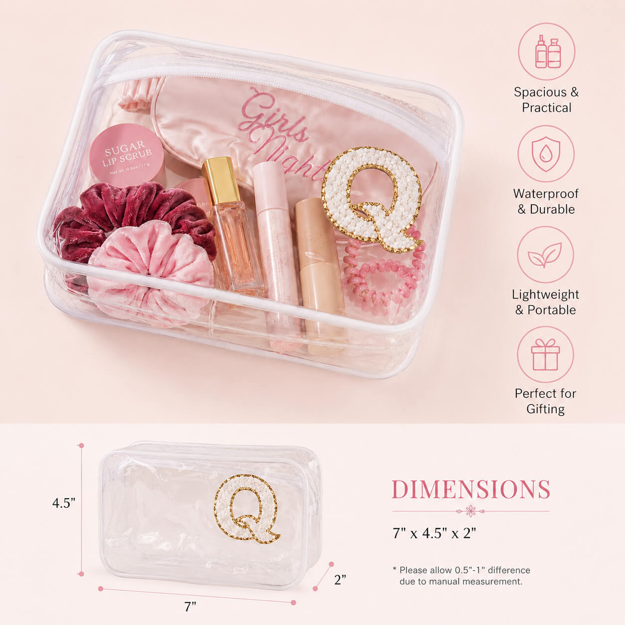 Transparent clear makeup pouch with beauty accessories inside, waterproof travel cosmetic bag with chenille letter patch and size details for girls spa party