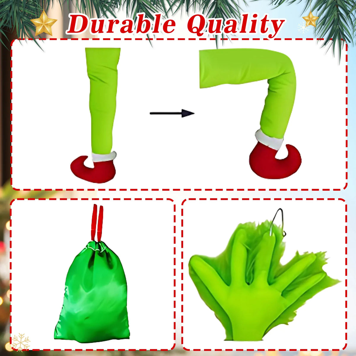 Close-up details of the climbing Christmas character decoration (Inspired by the Grinch) showing bendable legs, green satin sack and furry hands
