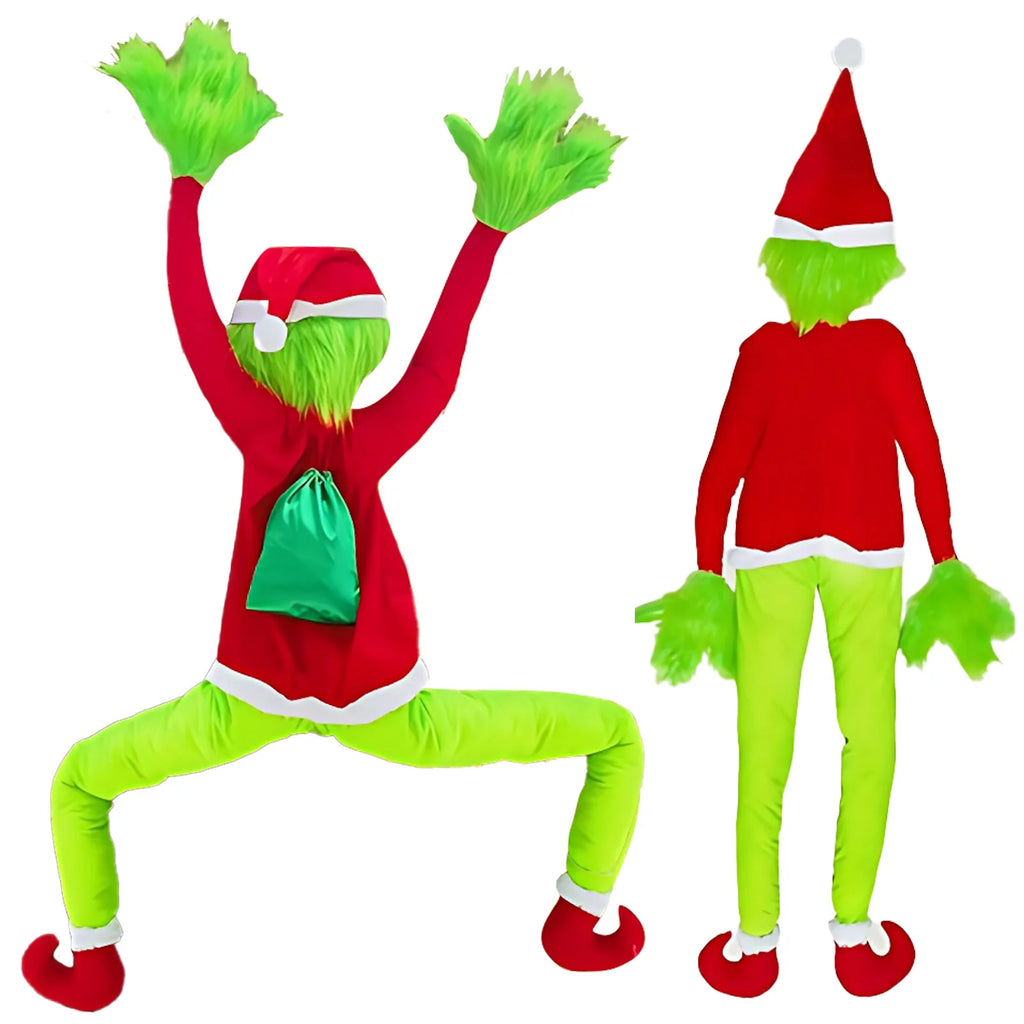 Green furry climbing Christmas character decoration (Inspired by the Grinch) in red sweater and Santa hat with green gift sack, shown front and back