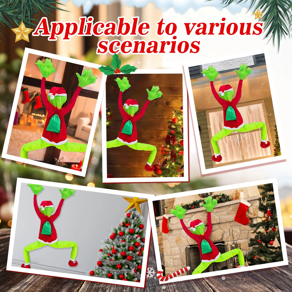 Collage of the climbing Christmas character decoration (Inspired by the Grinch) with green sack displayed in several holiday home scenes