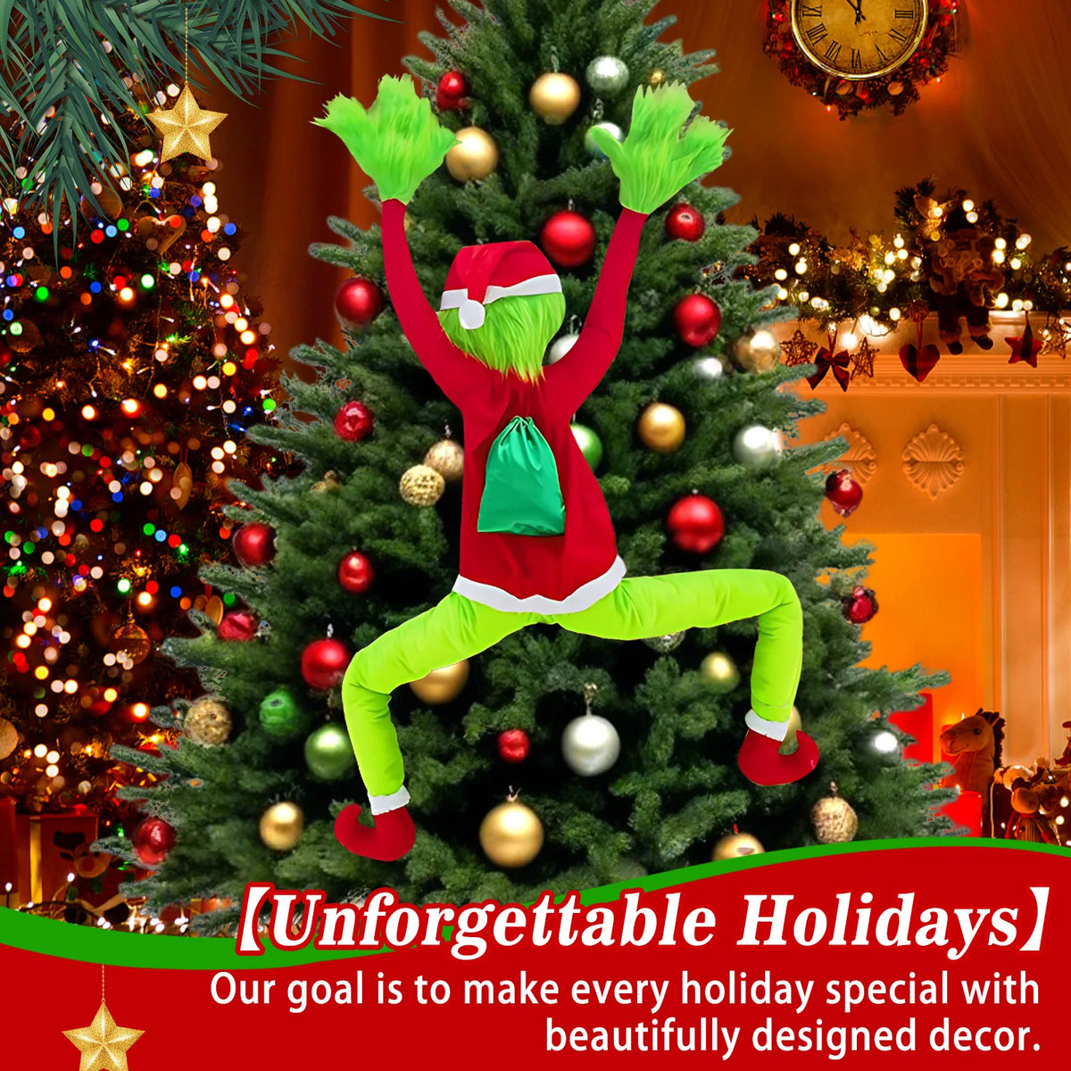 Green furry climbing Christmas character decoration (Inspired by the Grinch) with green gift sack climbing a decorated Christmas tree