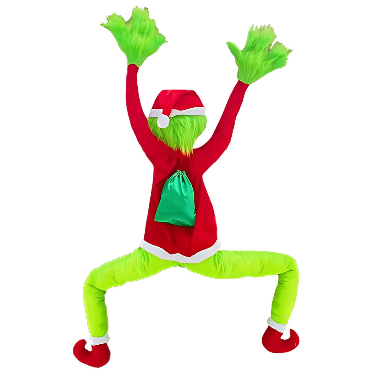 Front view of the climbing Christmas character decoration (Inspired by the Grinch) with green sack in a climbing pose on white background