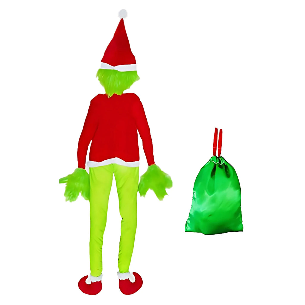 Green furry climbing Christmas character decoration (Inspired by the Grinch) standing beside its green drawstring gift sack on white background