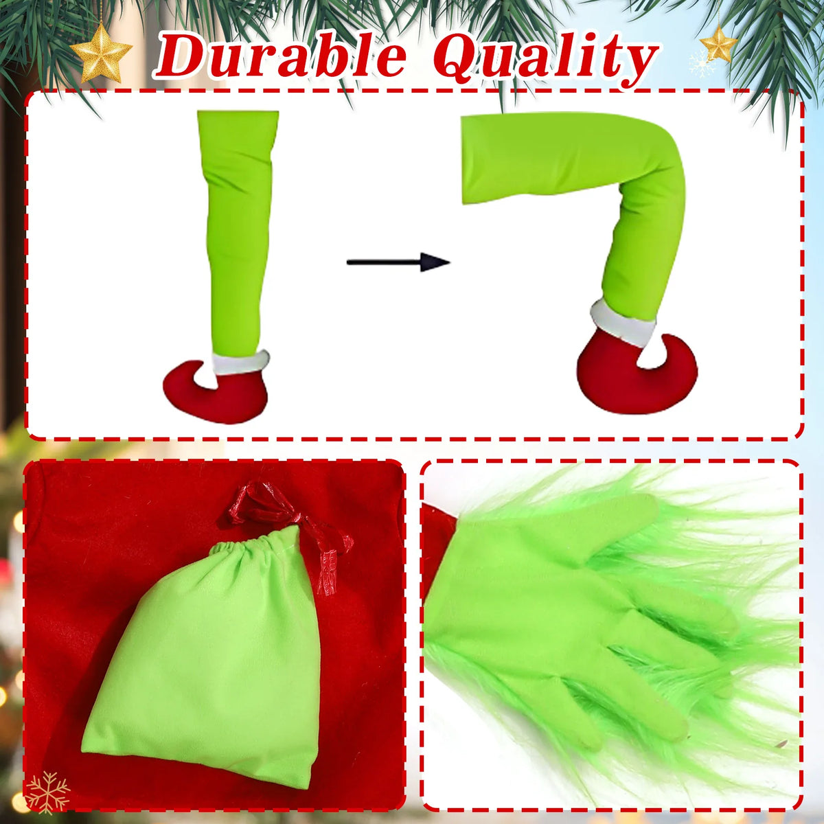 Close-up details of the climbing Christmas character decoration (Inspired by the Grinch) showing bendable legs, gift sack and furry green hands