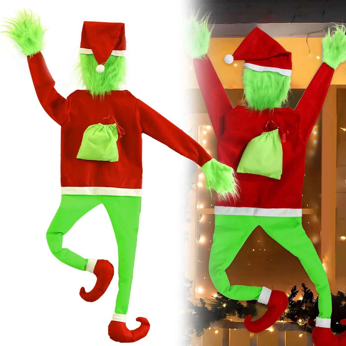 Green furry climbing Christmas character decoration (Inspired by the Grinch) in red sweater and Santa hat holding a gift sack, shown on white and lit up on a tree