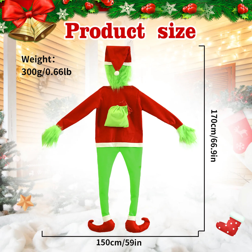 Product size image showing the climbing Christmas character decoration (Inspired by the Grinch) measuring 170 cm by 150 cm and weighing 300 g