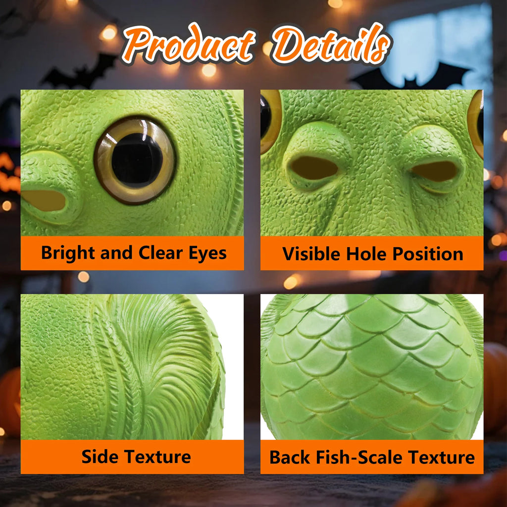 Close-up views show fish mask scales eyes fins and lips, highlighting the oversized eyes, fish-scale texture and full-head shape.