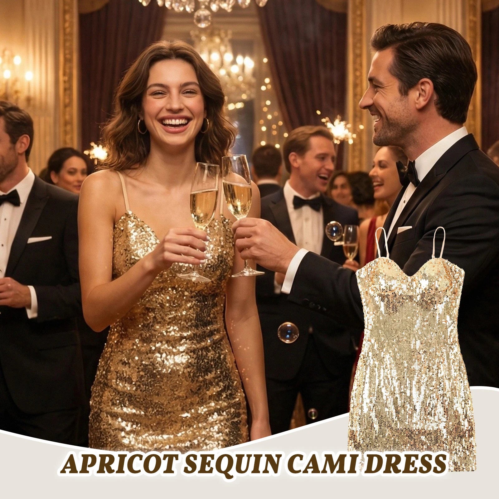A product detail panel highlights the fabric texture and construction details of the gold sequin cami mini dress.