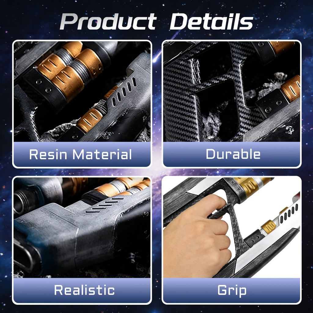 Close-up views show resin sci-fi blaster prop grip and finish, highlighting the twin barrels, black grip and silver and gold painted details.
