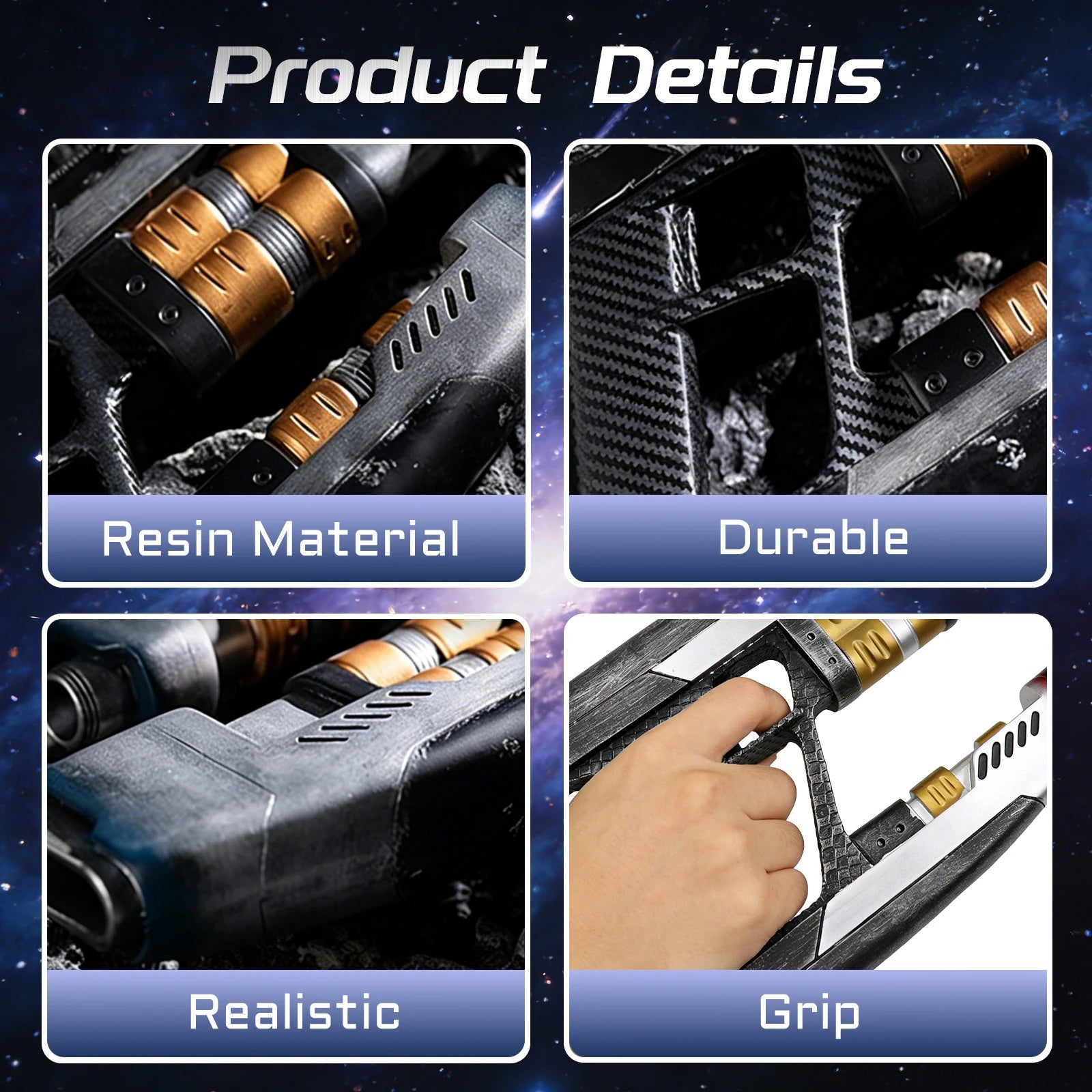Close-up views show resin sci-fi blaster prop grip and finish, highlighting the twin barrels, black grip and silver and gold painted details.