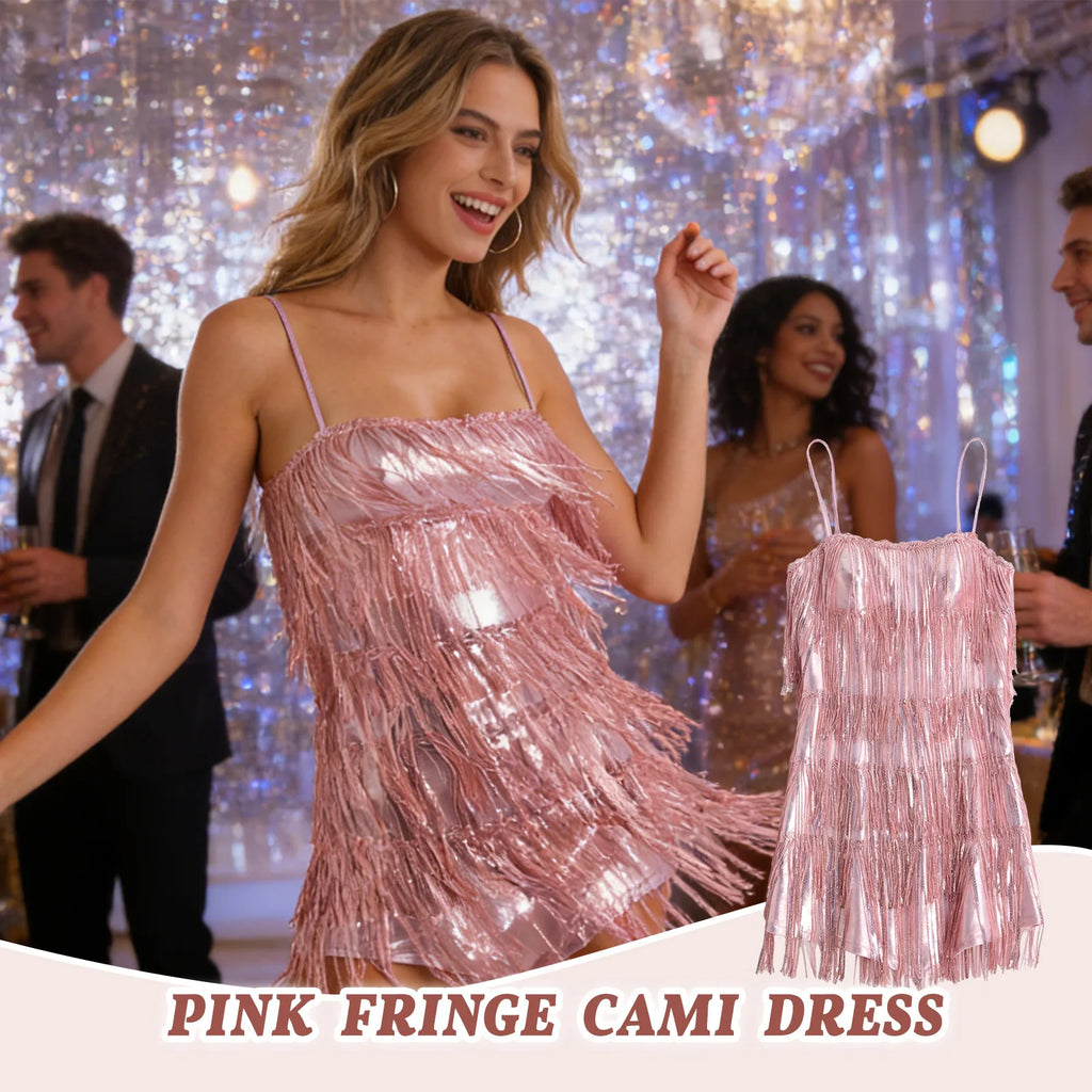 Close-up details of the pink sequin fringe cami mini dress.