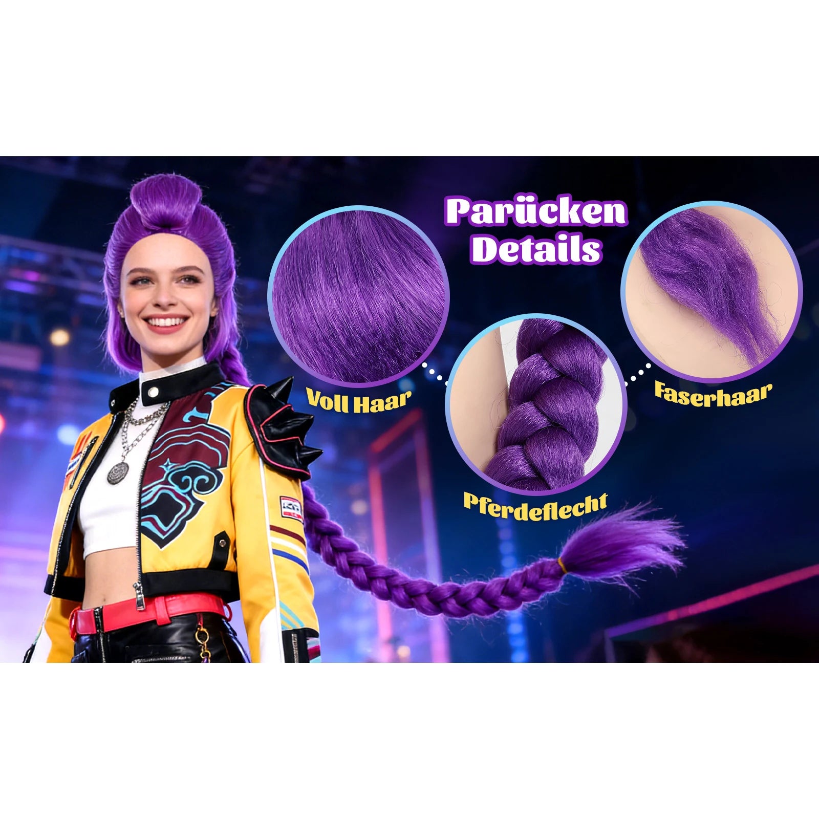 Close-up views show the purple pompadour top and long braid, highlighting the vivid purple color, top knot and long single braid.
