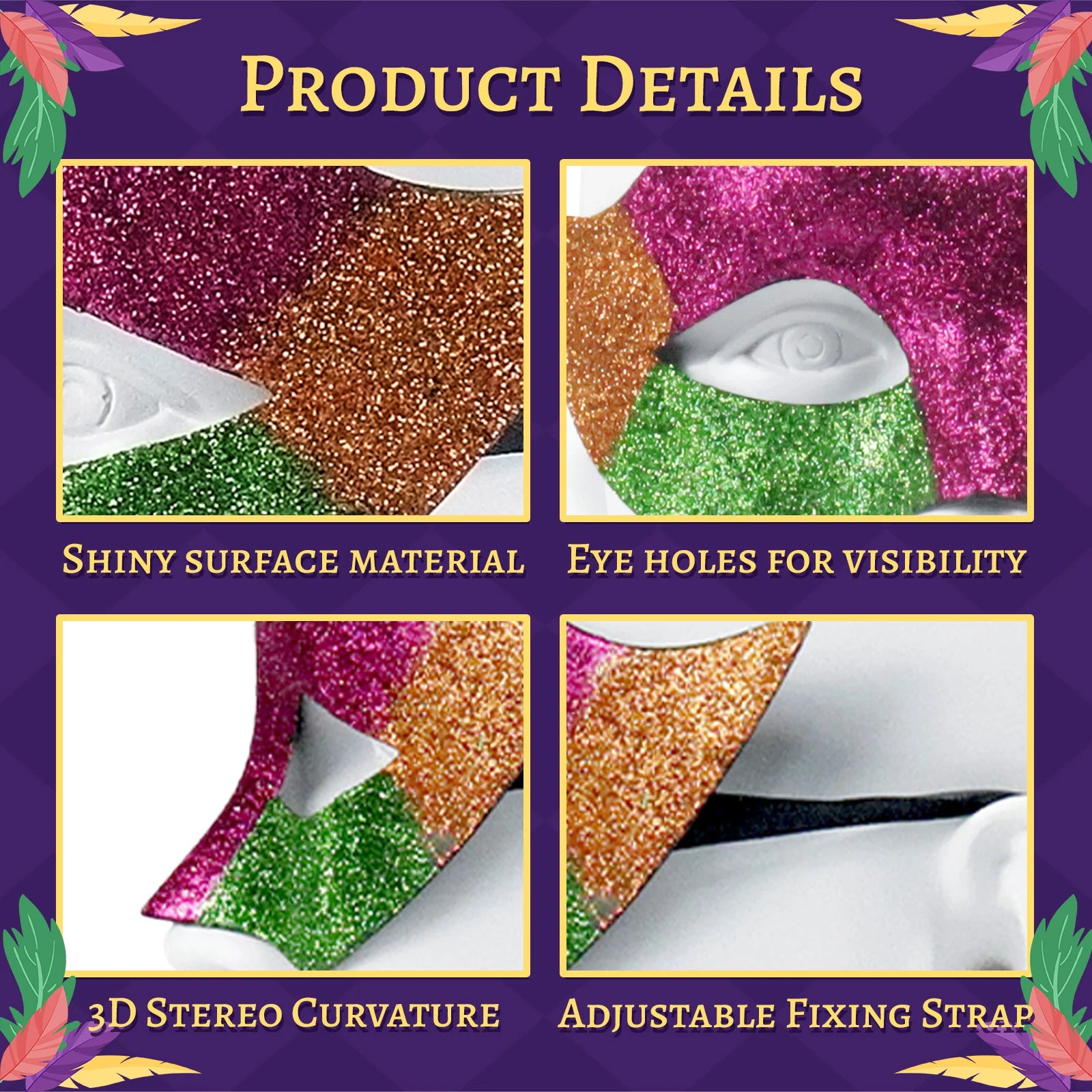 A clear product view presents a close-up of glitter-look surface eye openings and adjustable strap, with the purple, green and gold glitter panels with pointed side accents clearly visible.