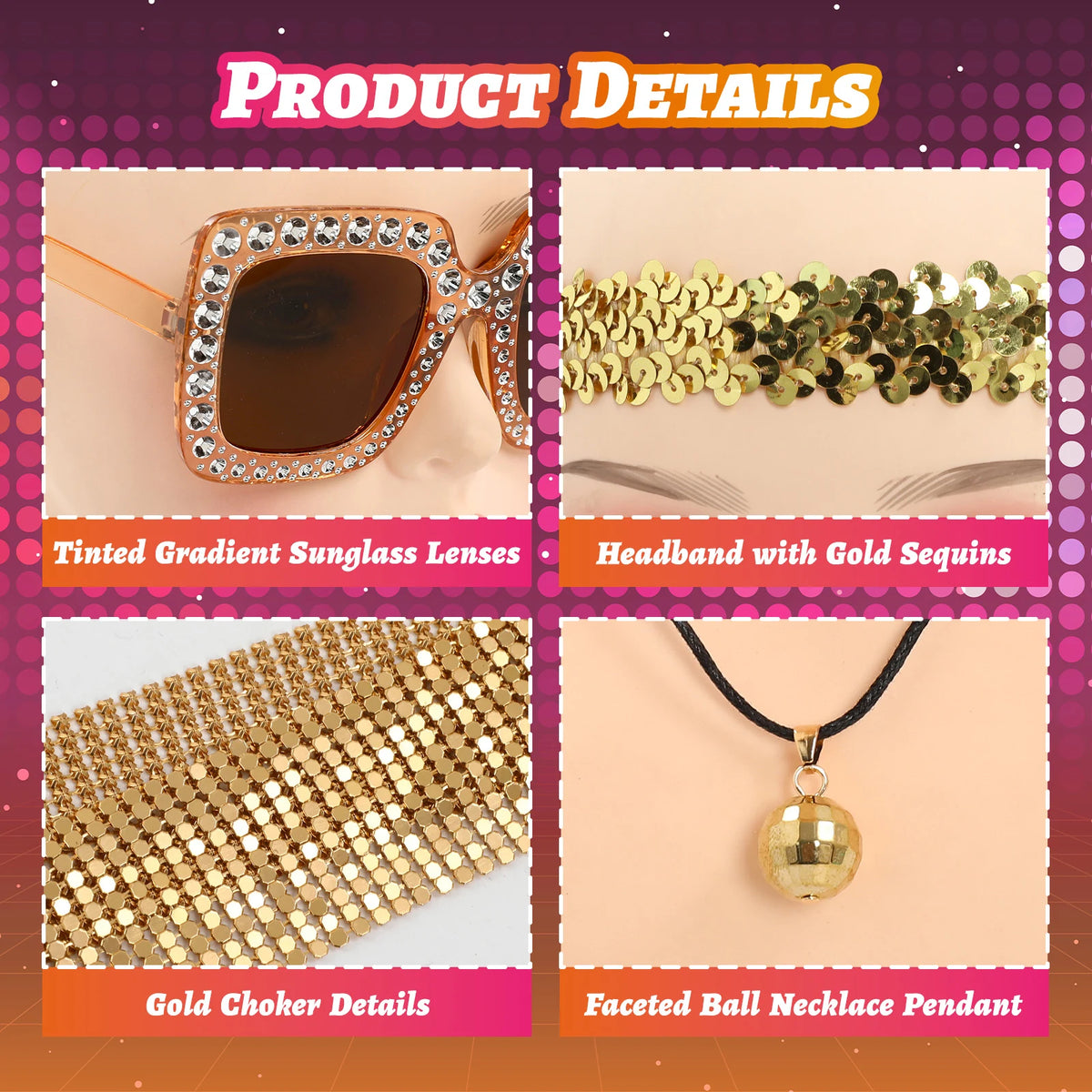 A clear product view presents a close-up of gold crystal and sequin disco accessories, with the coordinated sunglasses, headband, scarf and jewelry clearly visible.