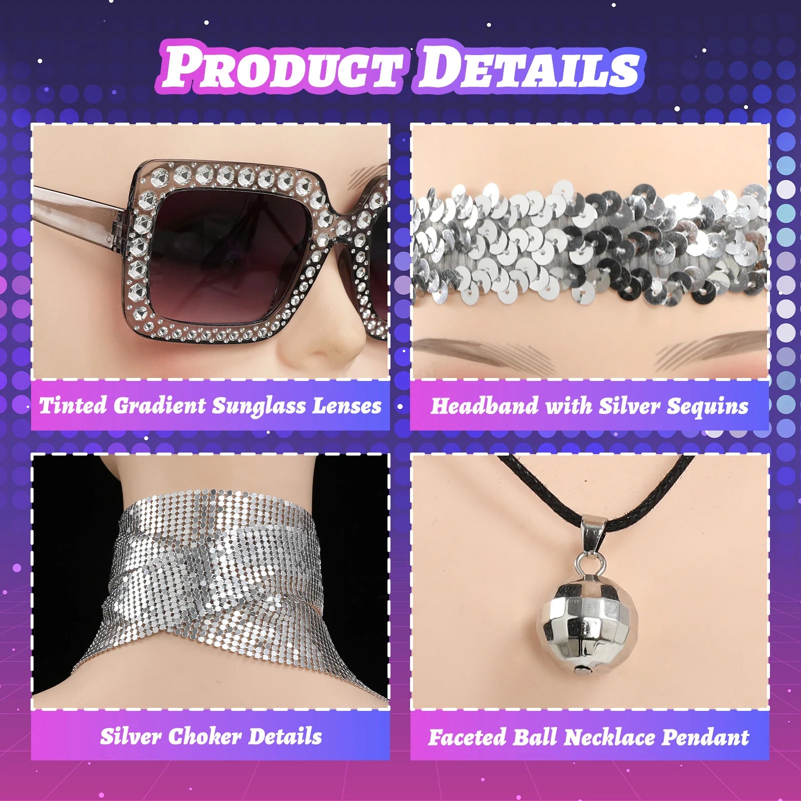 A clear product view presents a close-up of silver crystal and sequin disco accessories, with the coordinated sunglasses, headband, scarf and jewelry clearly visible.