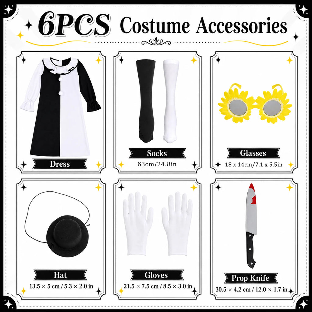 Accessory guide shows the clown dress, socks, sunflower glasses, mini hat, gloves and prop knife with measurements.