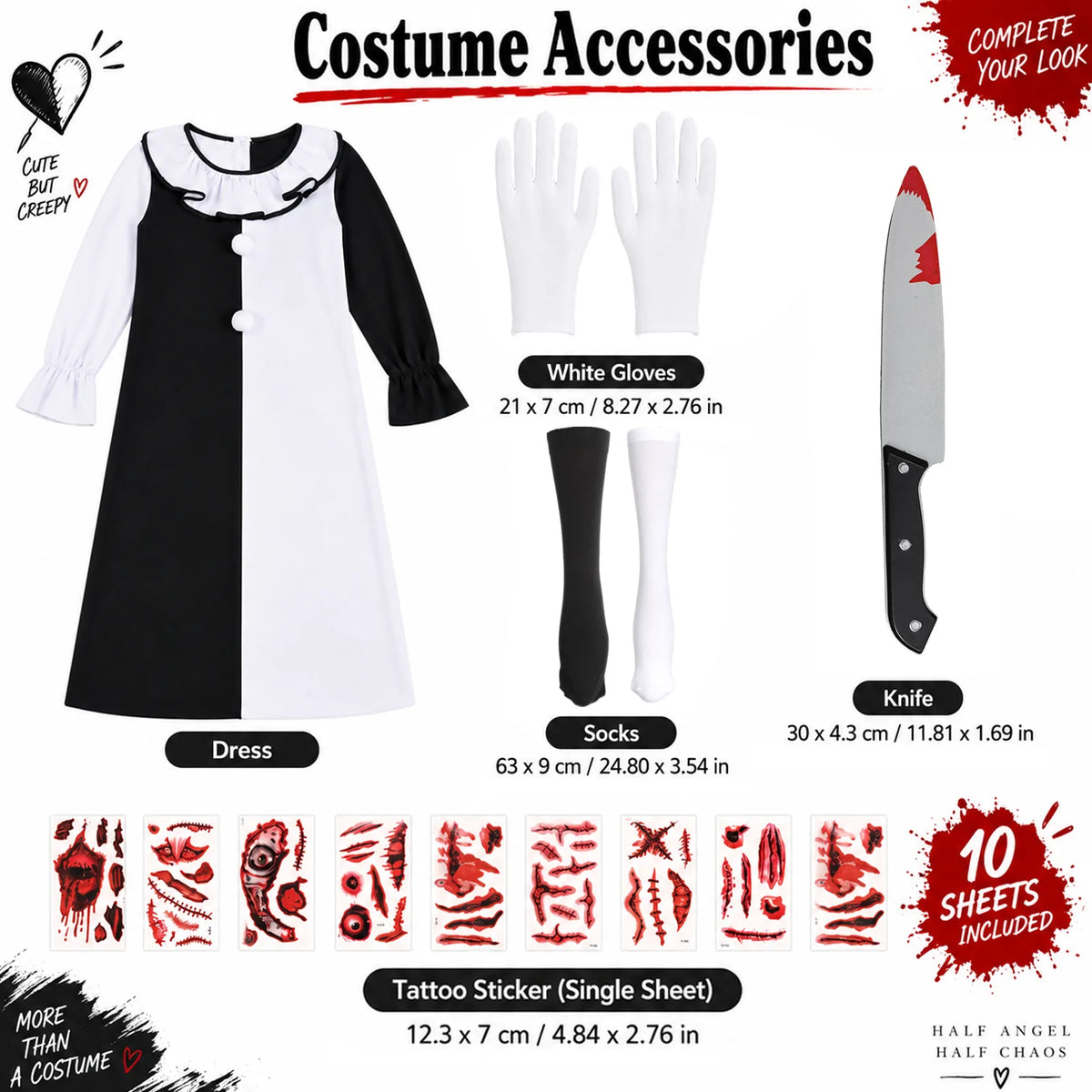 An Art the Clown-inspired costume chart labels the dress, white gloves, mismatched socks, theatrical prop knife and ten scar tattoo sheets.