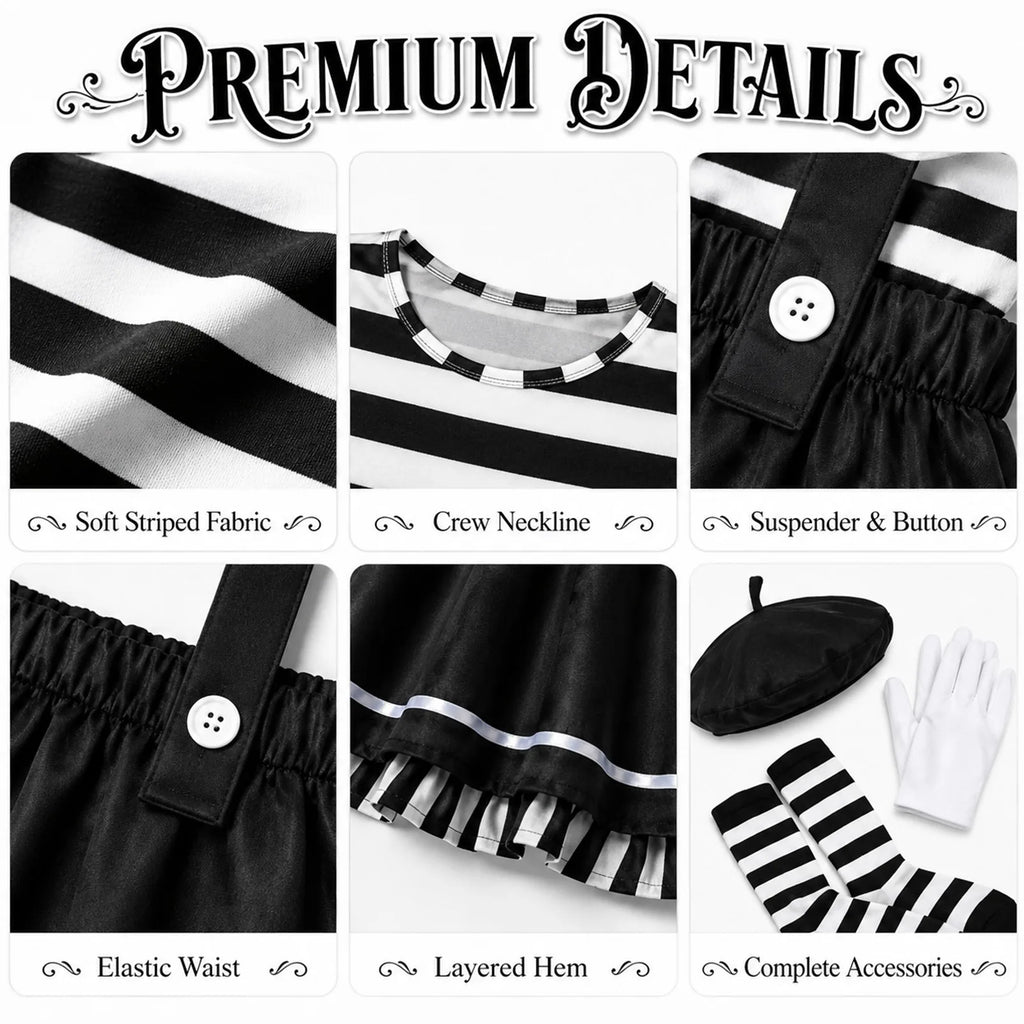 Clown costume set details with top, skirt, stockings, gloves, hat and handcuffs