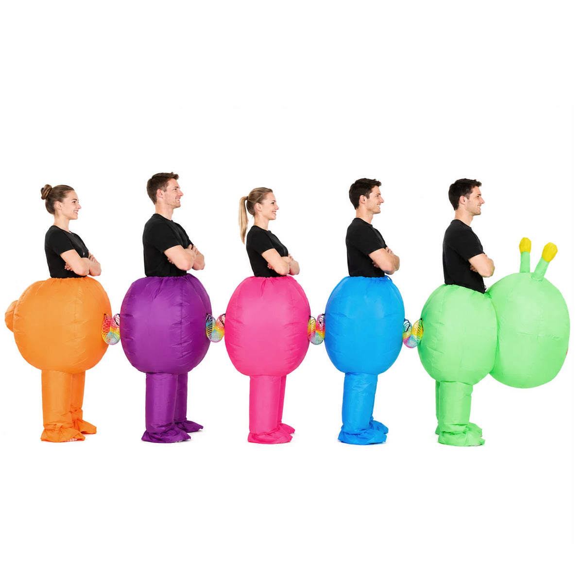 Five colorful caterpillar costume sections shown in a connected group lineup