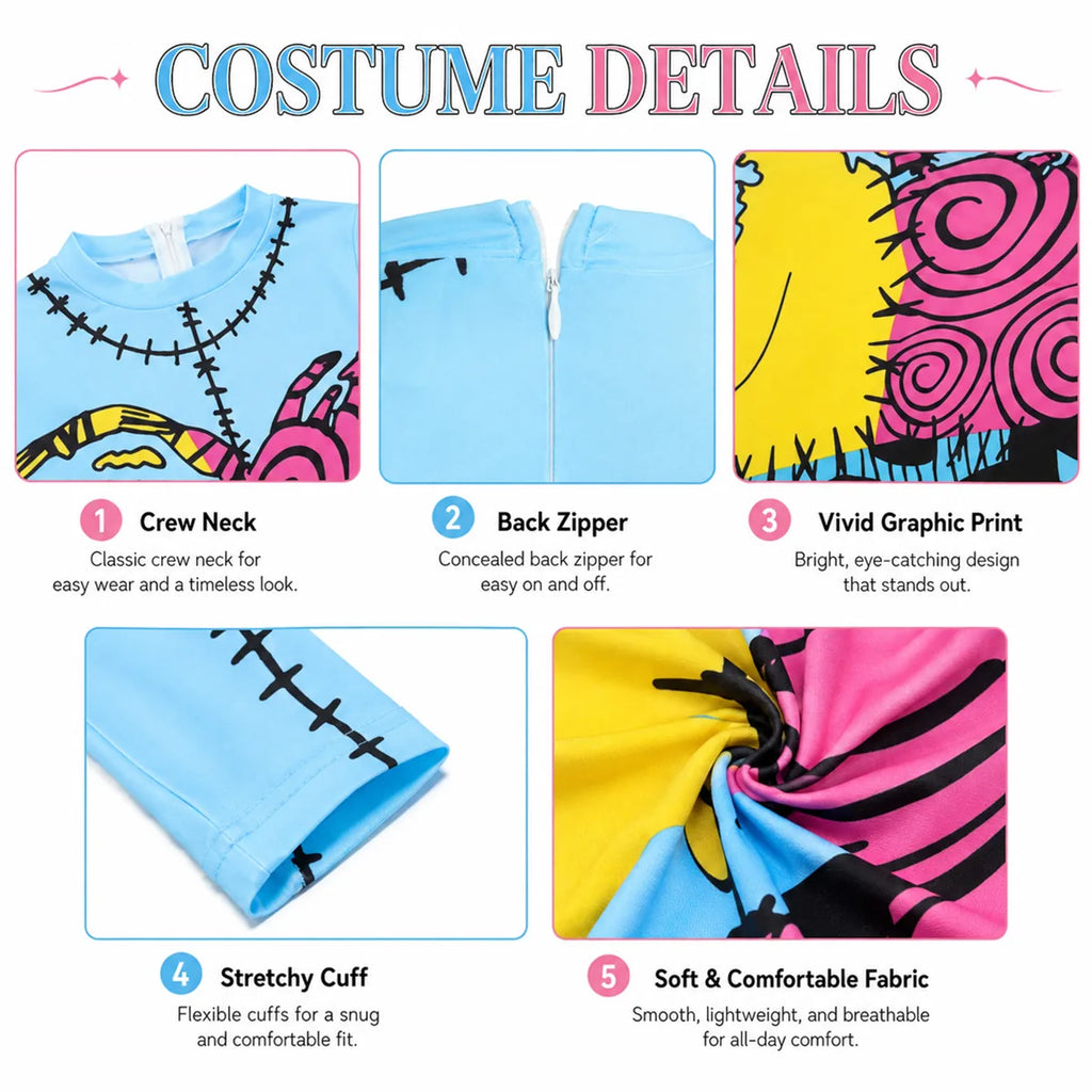 Colorful patchwork jumpsuit crew neck zipper cuff and print details