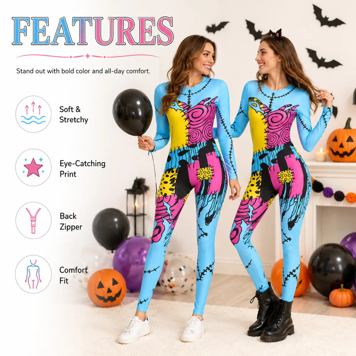 Colorful patchwork doll jumpsuit soft stretch fit and back zipper features