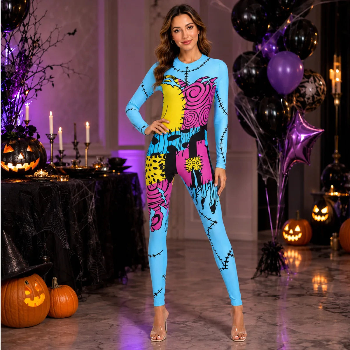 Colorful patchwork doll jumpsuit in Halloween party scene